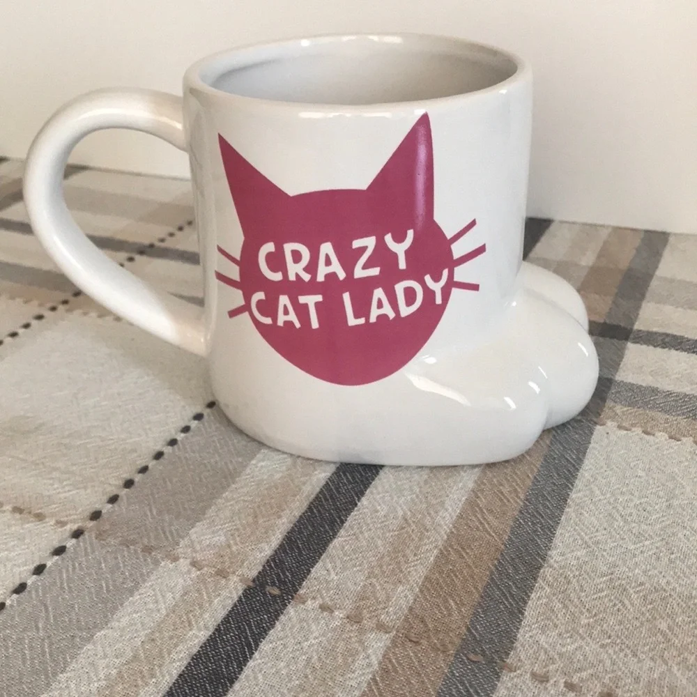 Big Mouth Crazy Cat Lady Cat Paw Coffee Tea Ceramic Mug White Pink 20oz Drink - Picture 3 of 11